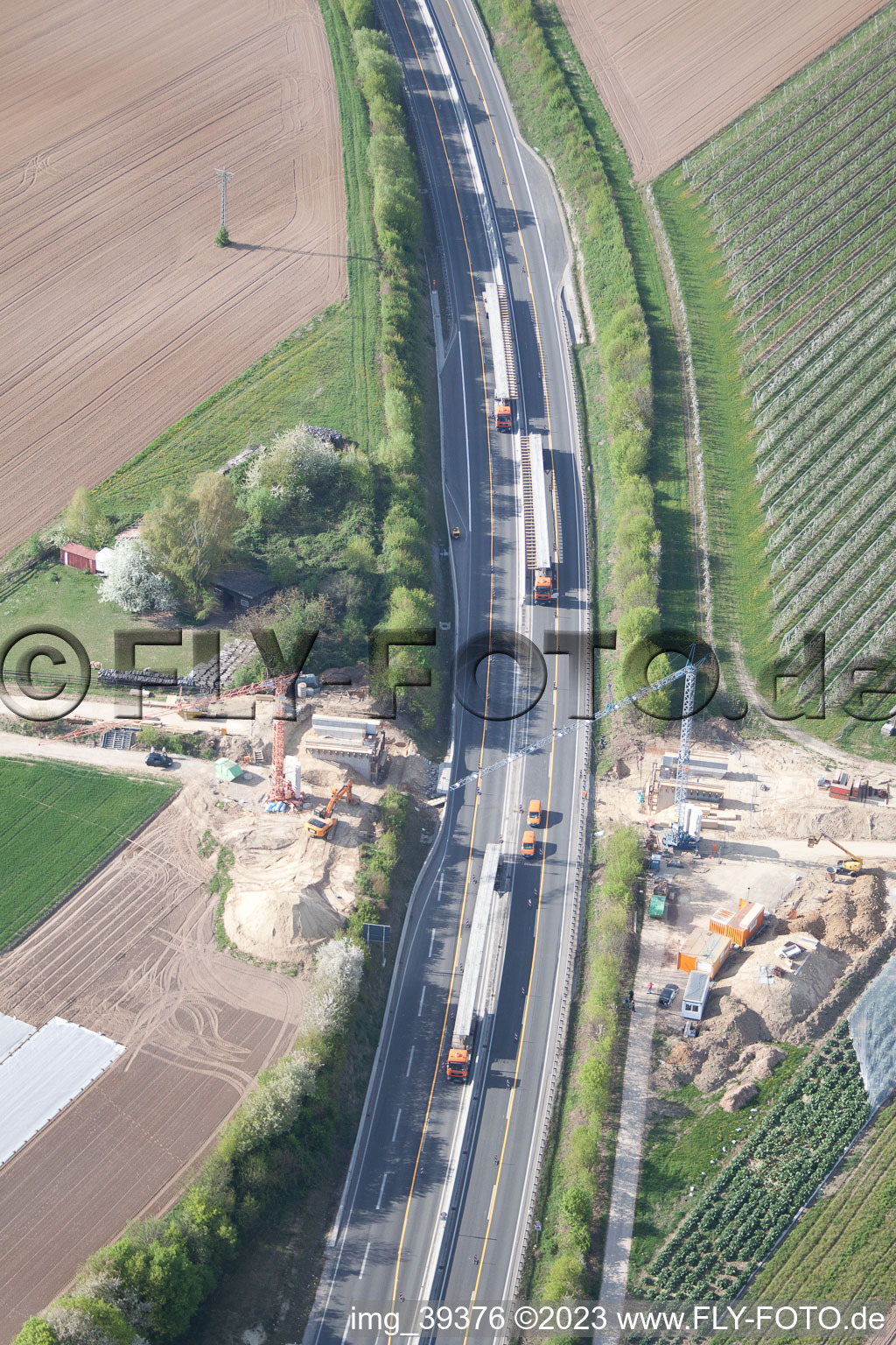 Aerial view of New construction of the A65 bridge in Kandel in the state Rhineland-Palatinate, Germany