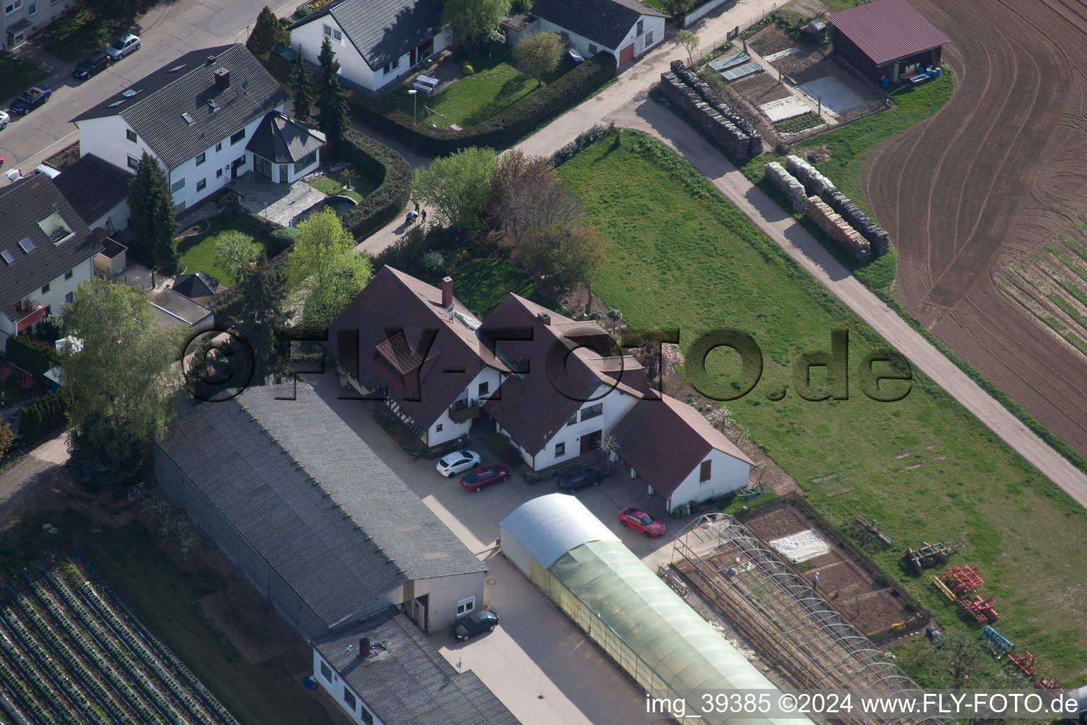 Aerial view of Organic farm Am Sonnenweg in Kandel in the state Rhineland-Palatinate, Germany