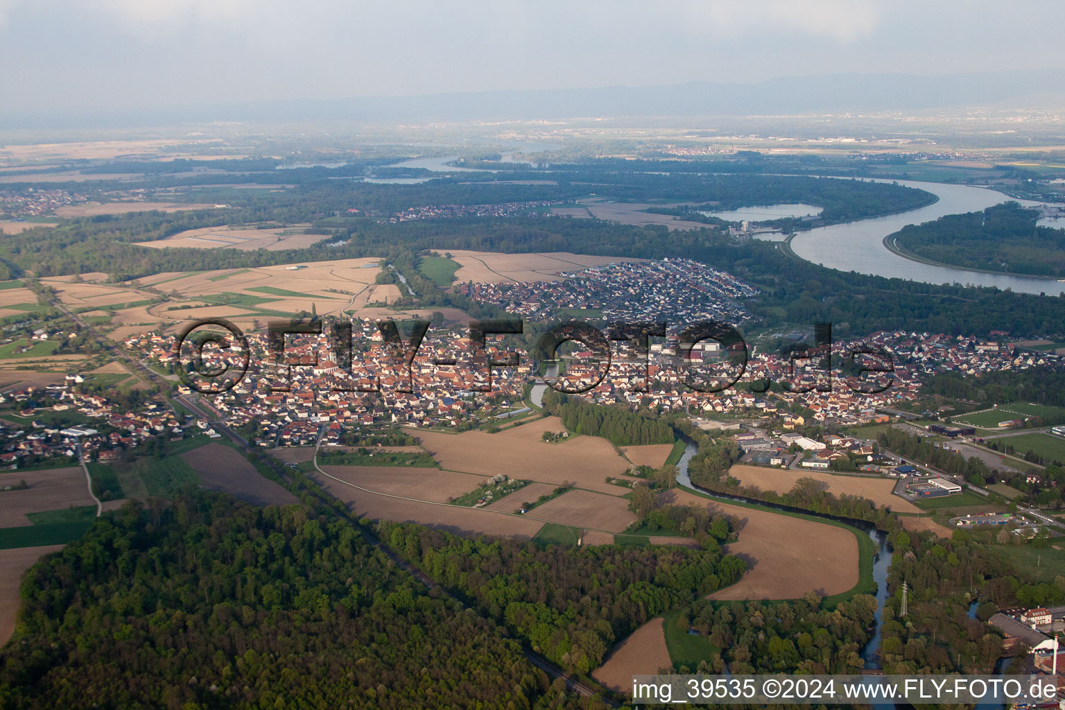 Bird's eye view of Drusenheim in the state Bas-Rhin, France