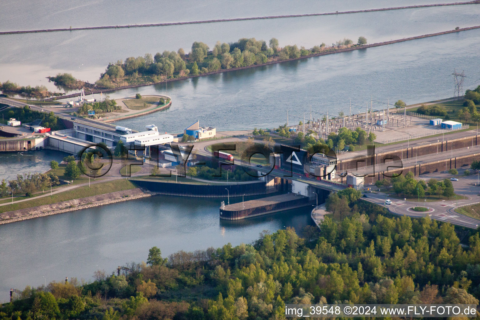 Aerial view of Sluice in Gambsheim in the state Bas-Rhin, France