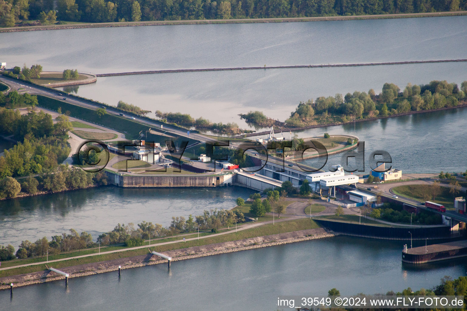 Aerial photograpy of Sluice in Gambsheim in the state Bas-Rhin, France