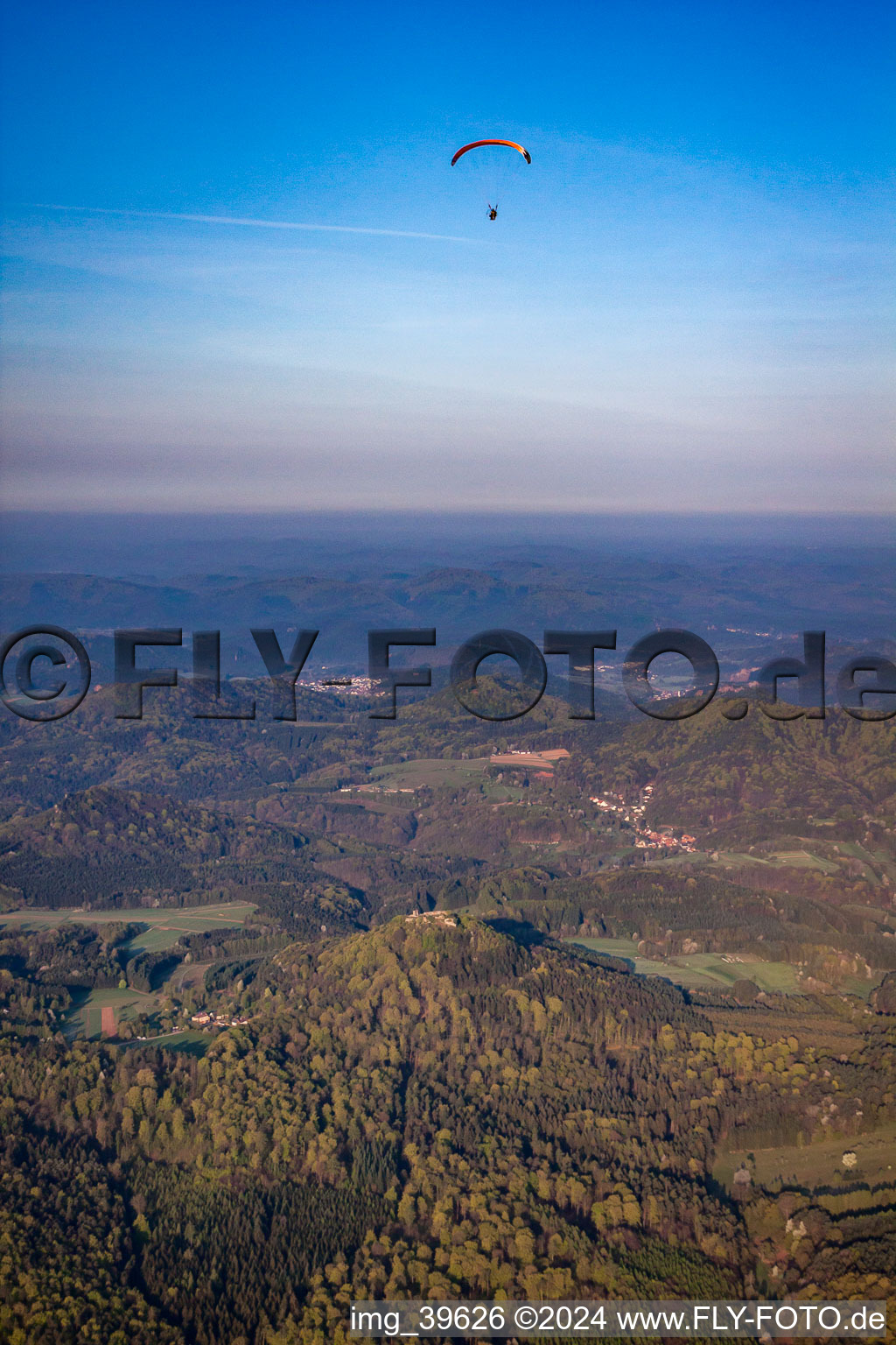 Paragliding over Lindelbrunn in Vorderweidenthal in the state Rhineland-Palatinate, Germany