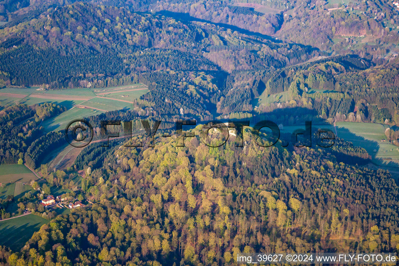 Lindelbrunn Castle Ruins in Vorderweidenthal in the state Rhineland-Palatinate, Germany from the plane