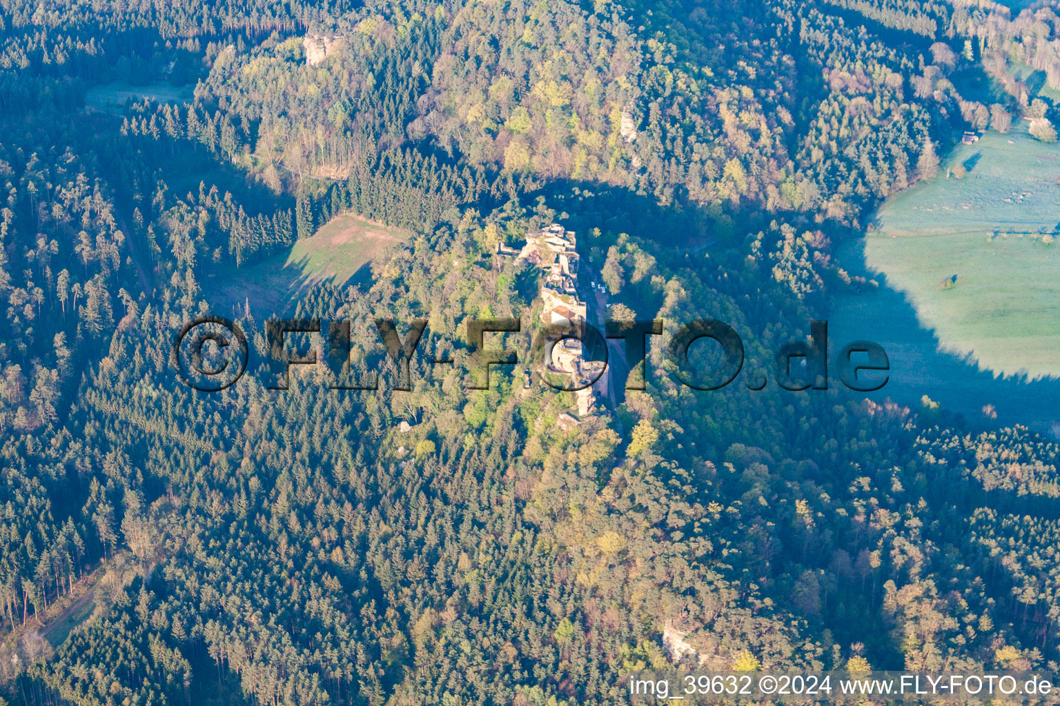 Ruin Old-Dahn in Dahn in the state Rhineland-Palatinate, Germany from the plane