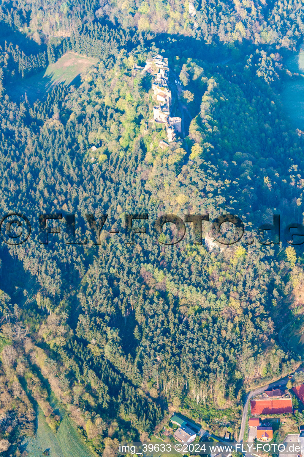 Bird's eye view of Ruin Old-Dahn in Dahn in the state Rhineland-Palatinate, Germany