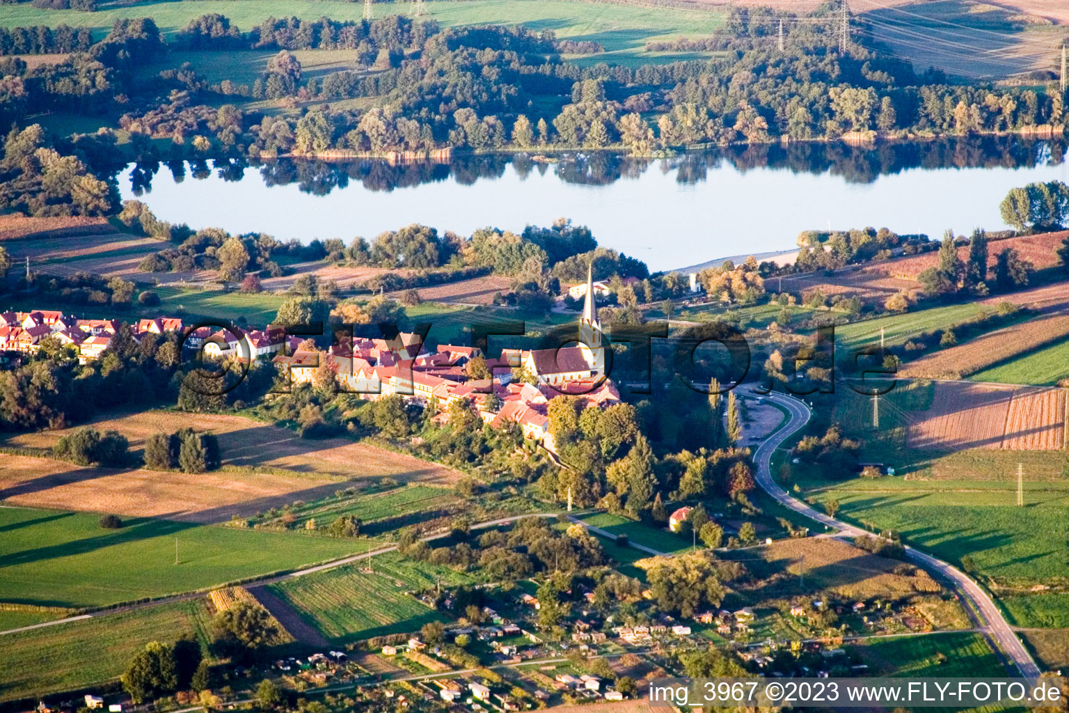 From the south in Jockgrim in the state Rhineland-Palatinate, Germany from above