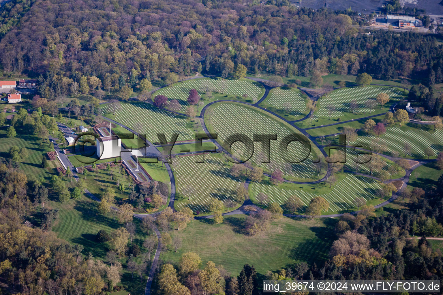 Aerial view of Grave rows on the grounds of the American, military cemetery of Saint-Avold in Saint-Avold in Grand Est, France