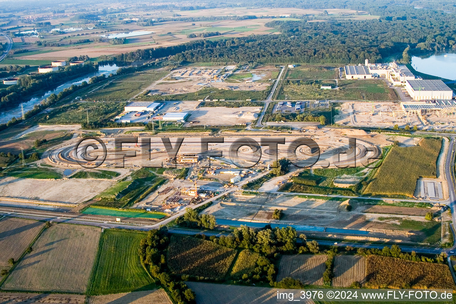 Aerial view of Daimler-Chrysler truck test site in the Oberwald industrial area in Wörth am Rhein in the state Rhineland-Palatinate, Germany