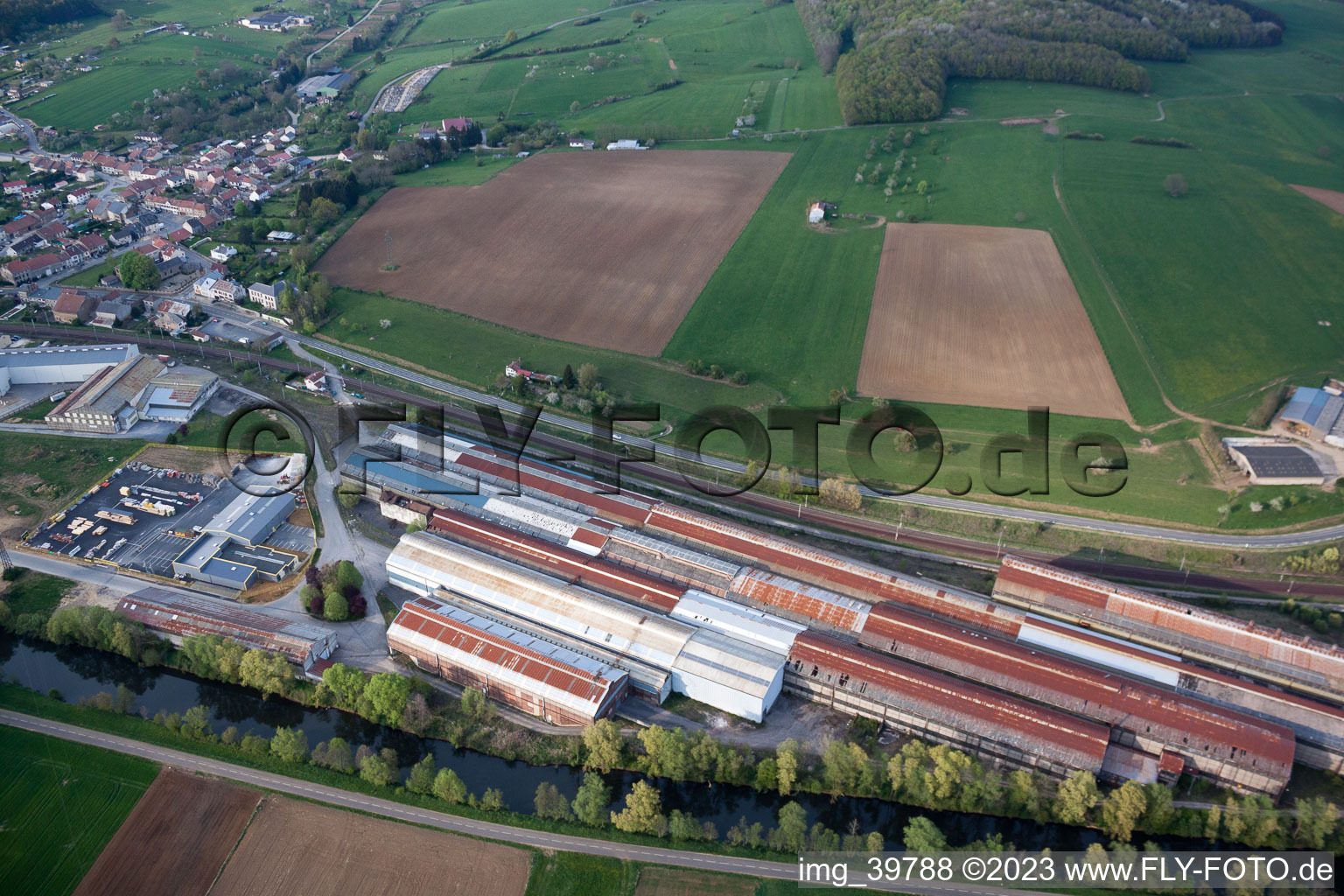 Aerial view of Railway depot and repair shop for maintenance and repair of trains in Blagny in Alsace-Champagne-Ardenne-Lorraine, France
