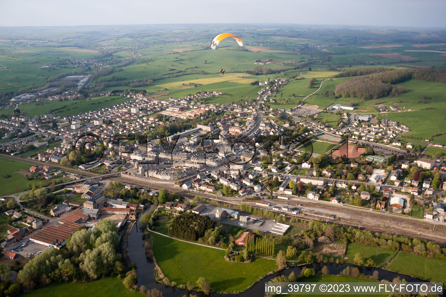 Aerial view of Carignan in the state Ardennes, France