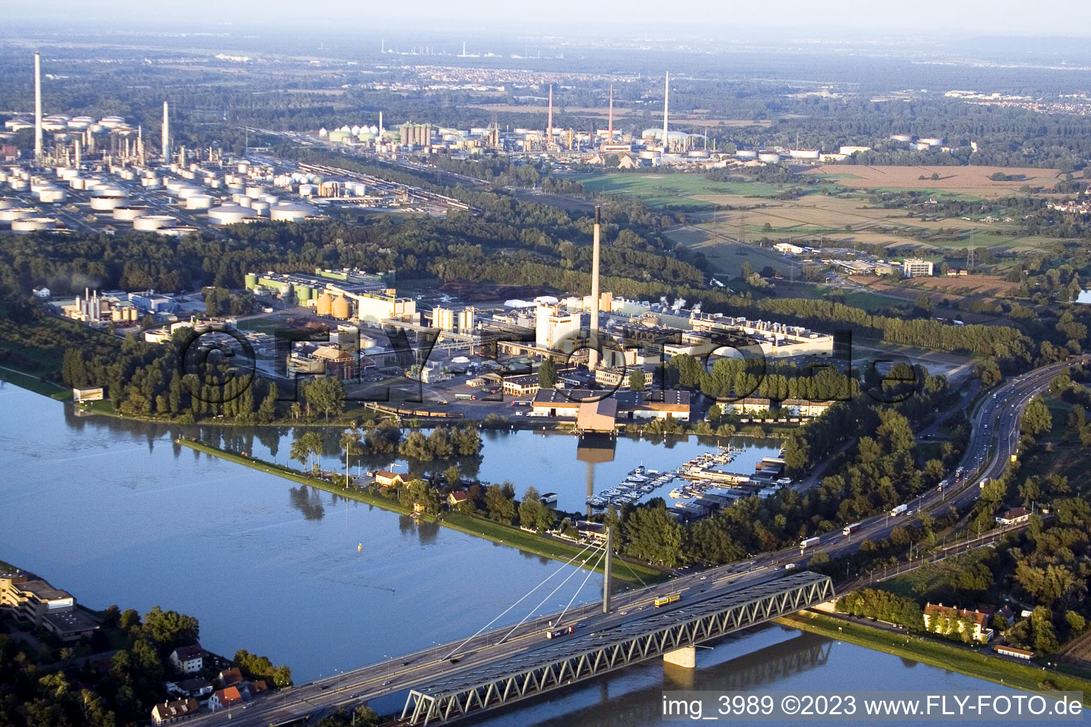 Aerial photograpy of Maxau, Rhine bridge in the district Knielingen in Karlsruhe in the state Baden-Wuerttemberg, Germany