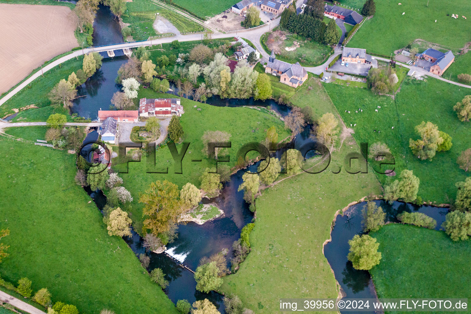 Curved loop of the riparian zones on the course of the river Oise in Erloy in Hauts-de-France, France