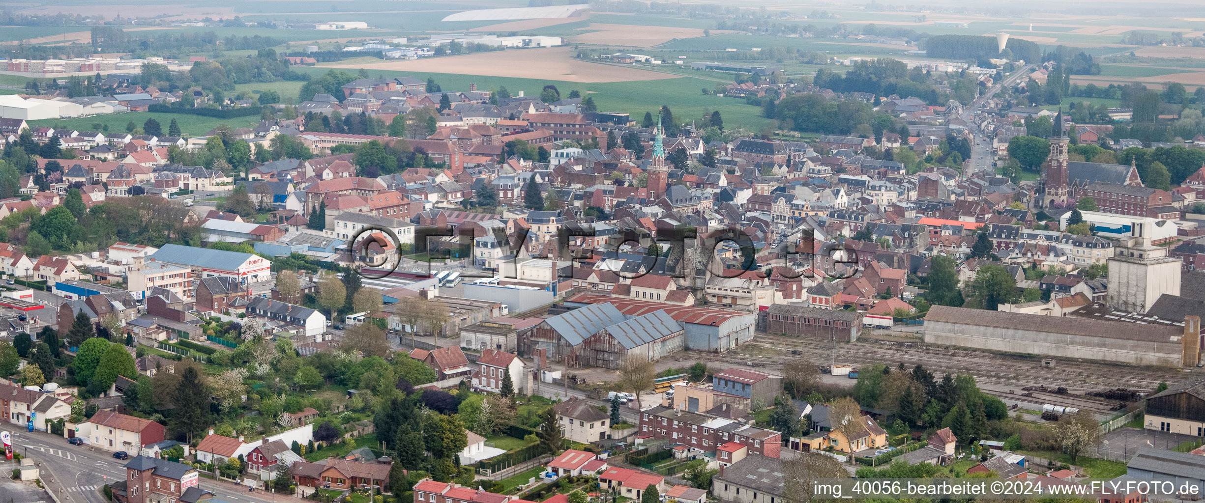 Panoramic perspective Town View of the streets and houses of the residential areas in Bapaume in Hauts-de-France, France
