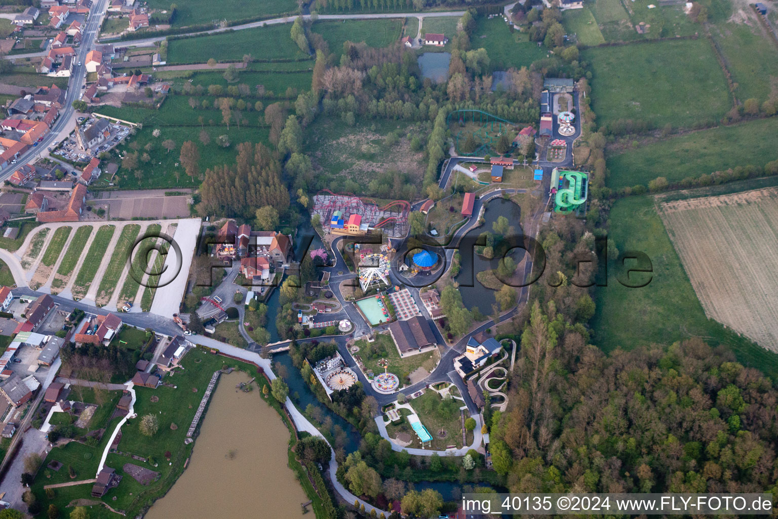 Aerial view of Holiday leisure park Dennlys parc in Reclinghem in Hauts-de-France, France