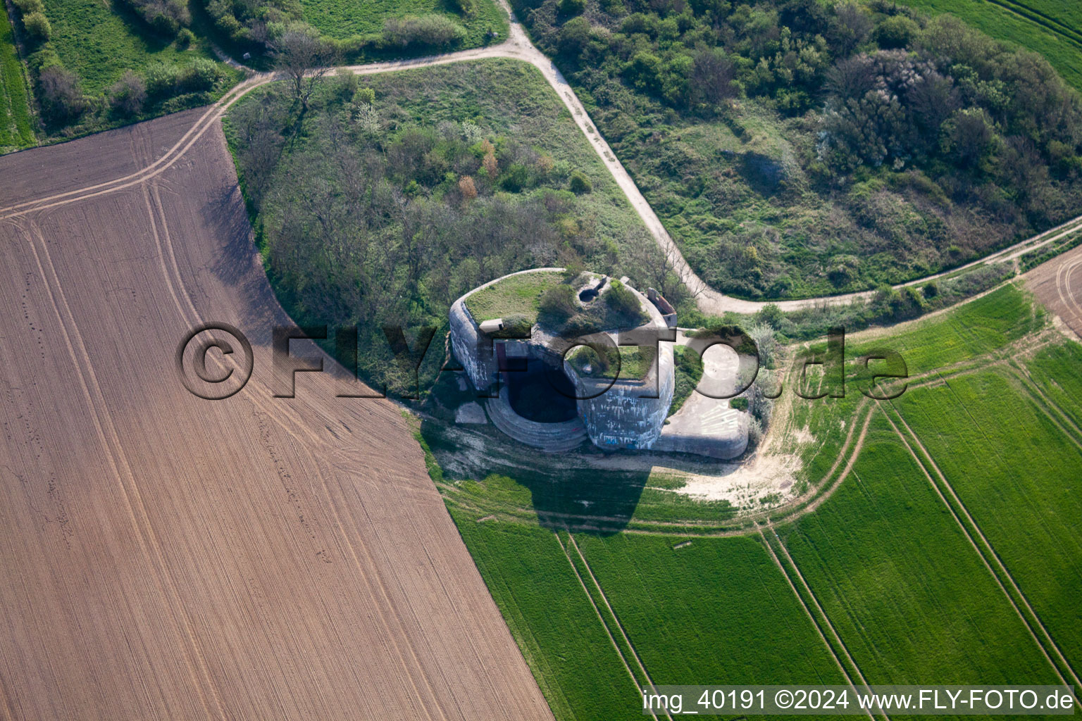 Aerial view of Bunker complex and munitions depot on the military training grounds Batterie Todt in Audinghen in Nord-Pas-de-Calais Picardy, France