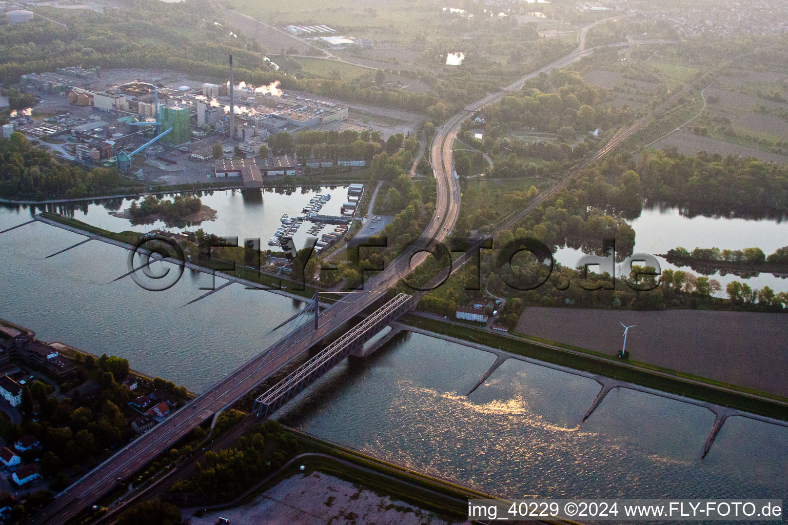 Routing and traffic lanes over the highway bridge in the motorway A 10 crossing the rhine in Woerth am Rhein in the state Rhineland-Palatinate