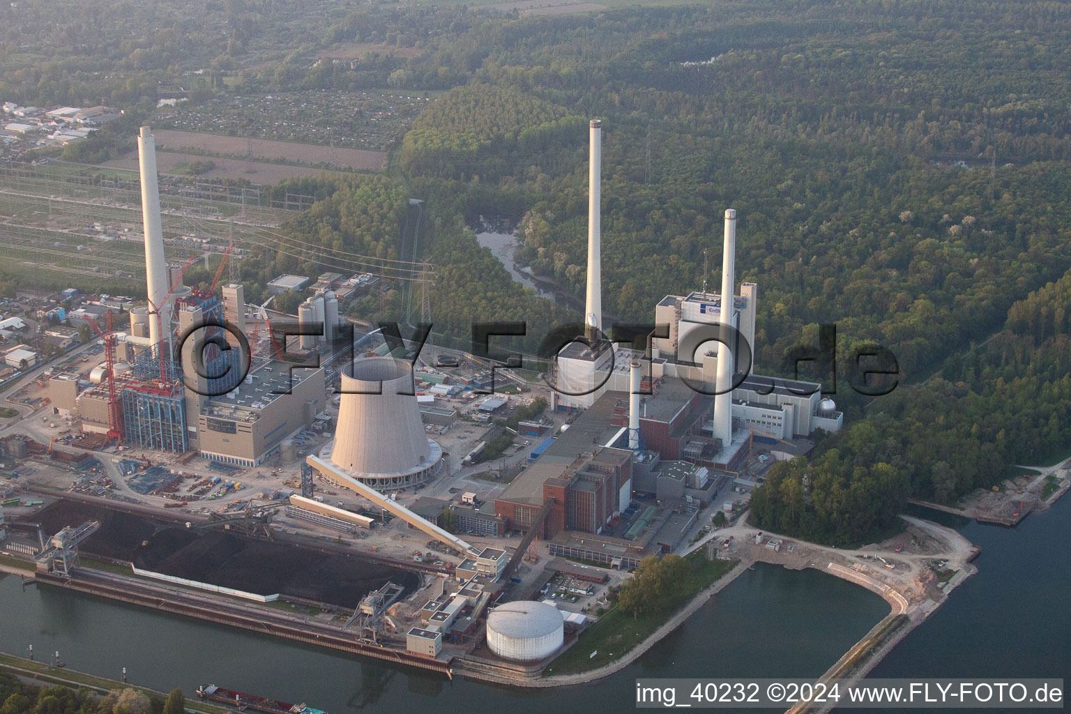 Aerial view of ENBW construction site in the district Rheinhafen in Karlsruhe in the state Baden-Wuerttemberg, Germany