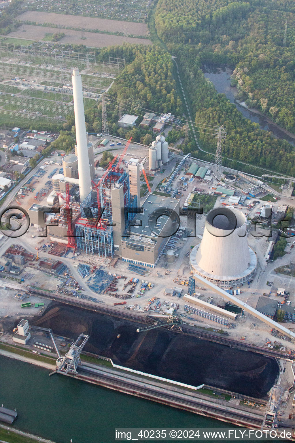 Oblique view of ENBW construction site in the district Rheinhafen in Karlsruhe in the state Baden-Wuerttemberg, Germany