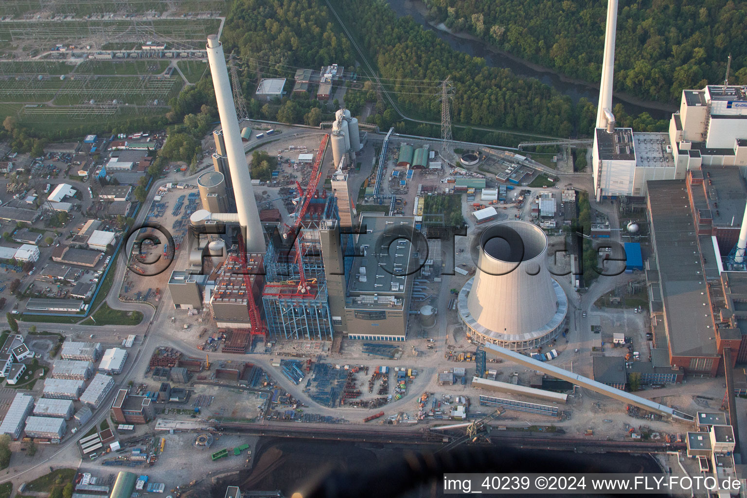 ENBW construction site in the district Rheinhafen in Karlsruhe in the state Baden-Wuerttemberg, Germany from the plane