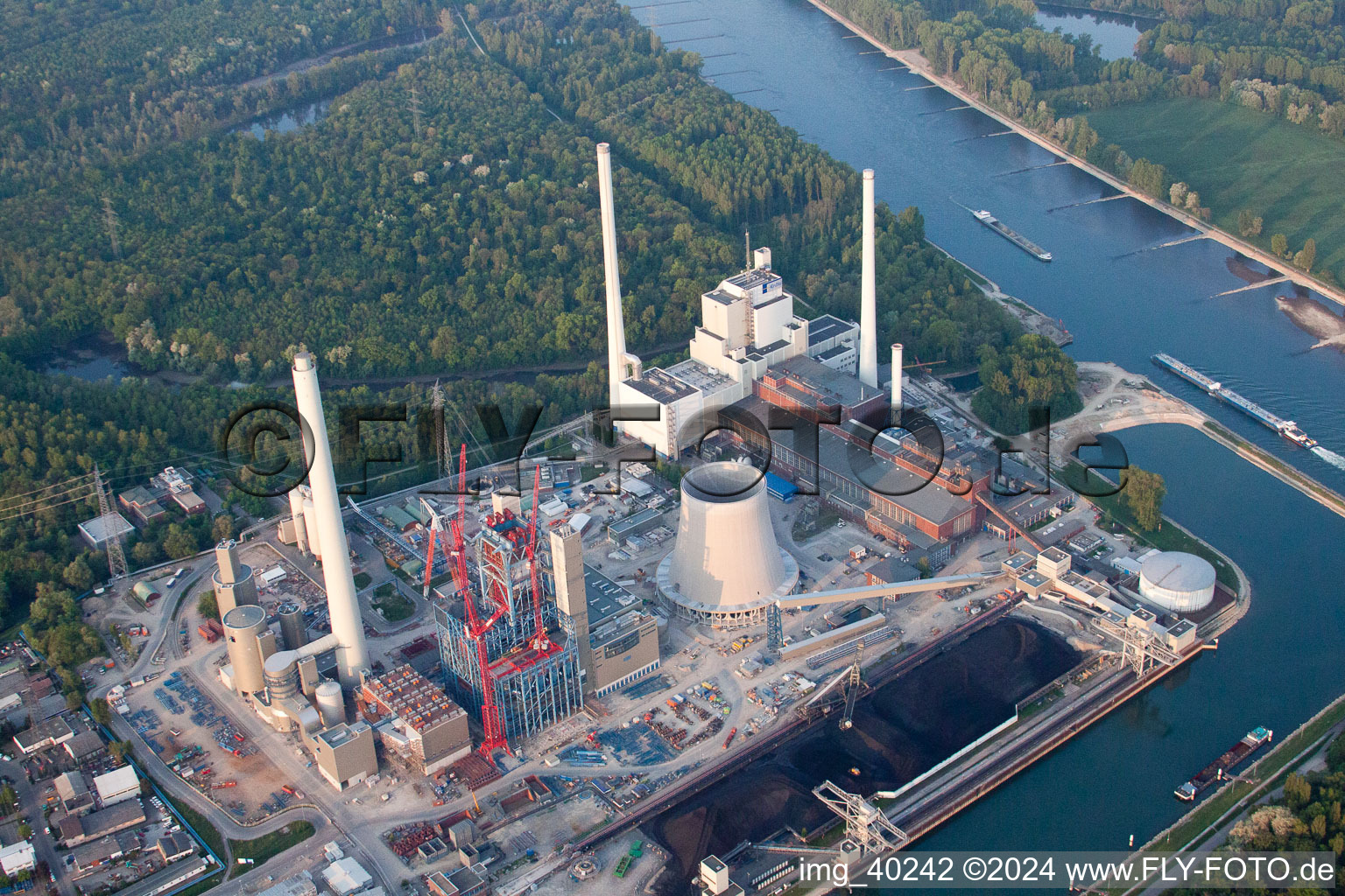 Bird's eye view of ENBW construction site in the district Rheinhafen in Karlsruhe in the state Baden-Wuerttemberg, Germany