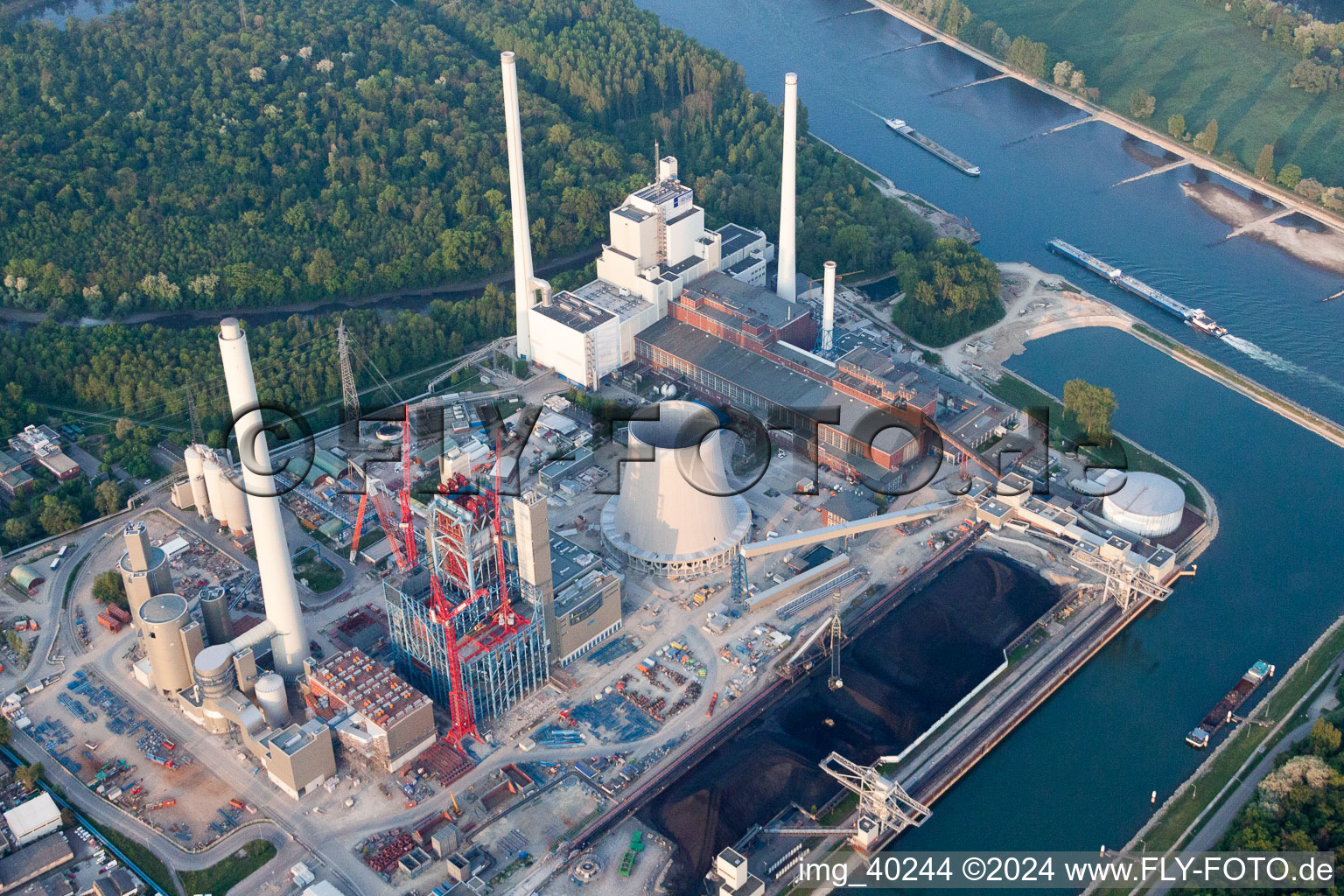 Drone recording of ENBW construction site in the district Rheinhafen in Karlsruhe in the state Baden-Wuerttemberg, Germany