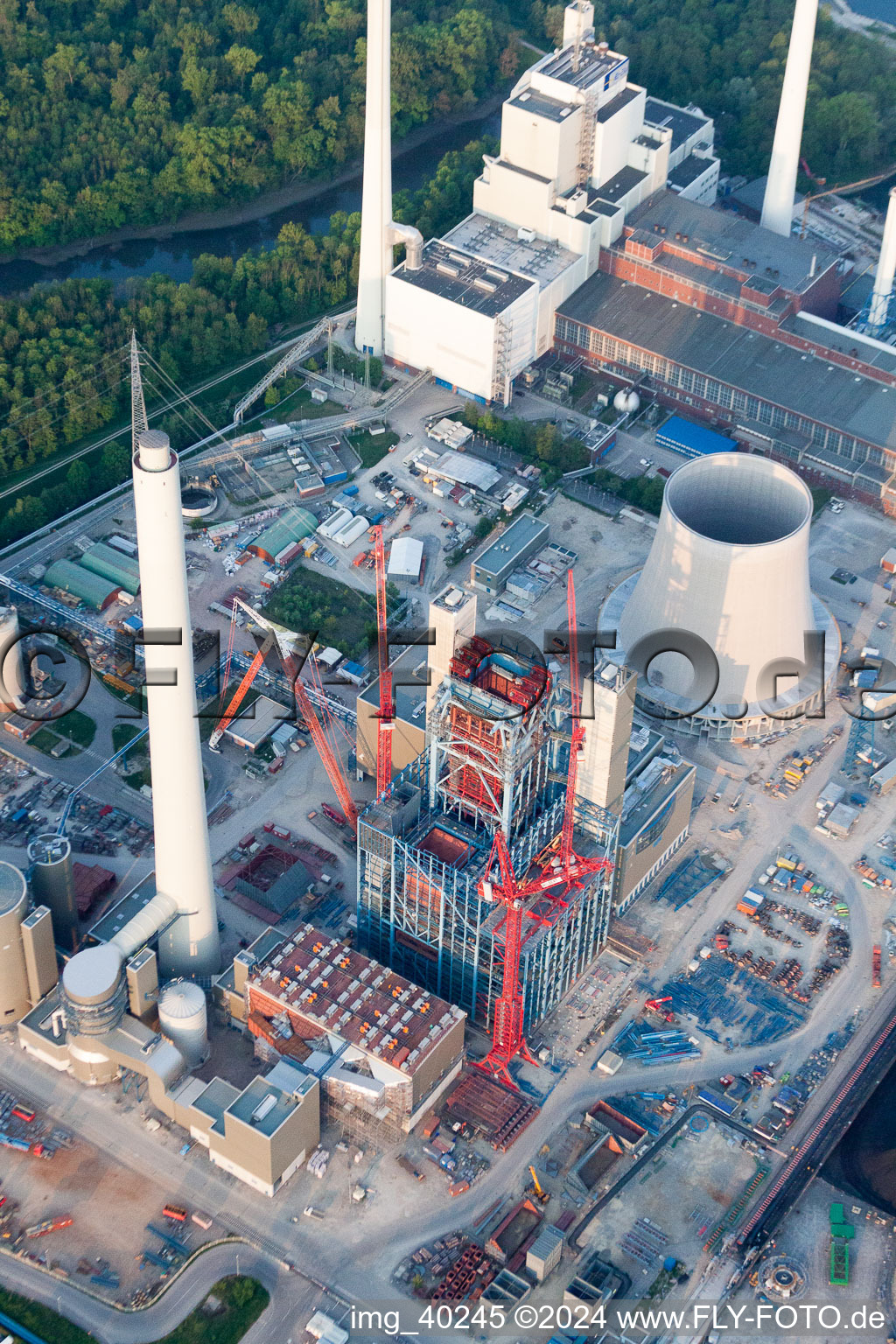 Drone image of ENBW construction site in the district Rheinhafen in Karlsruhe in the state Baden-Wuerttemberg, Germany