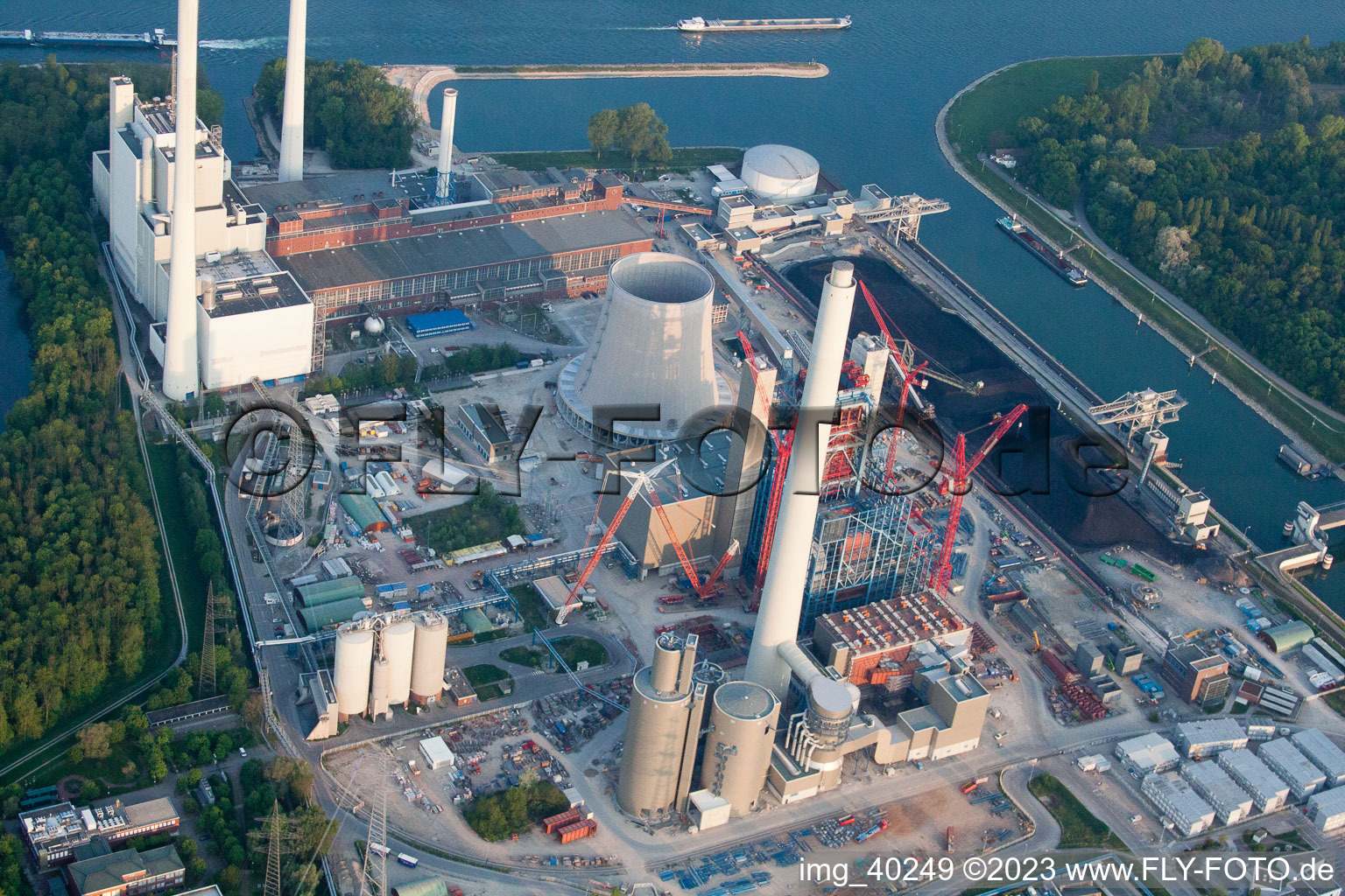 ENBW construction site in the district Rheinhafen in Karlsruhe in the state Baden-Wuerttemberg, Germany seen from a drone