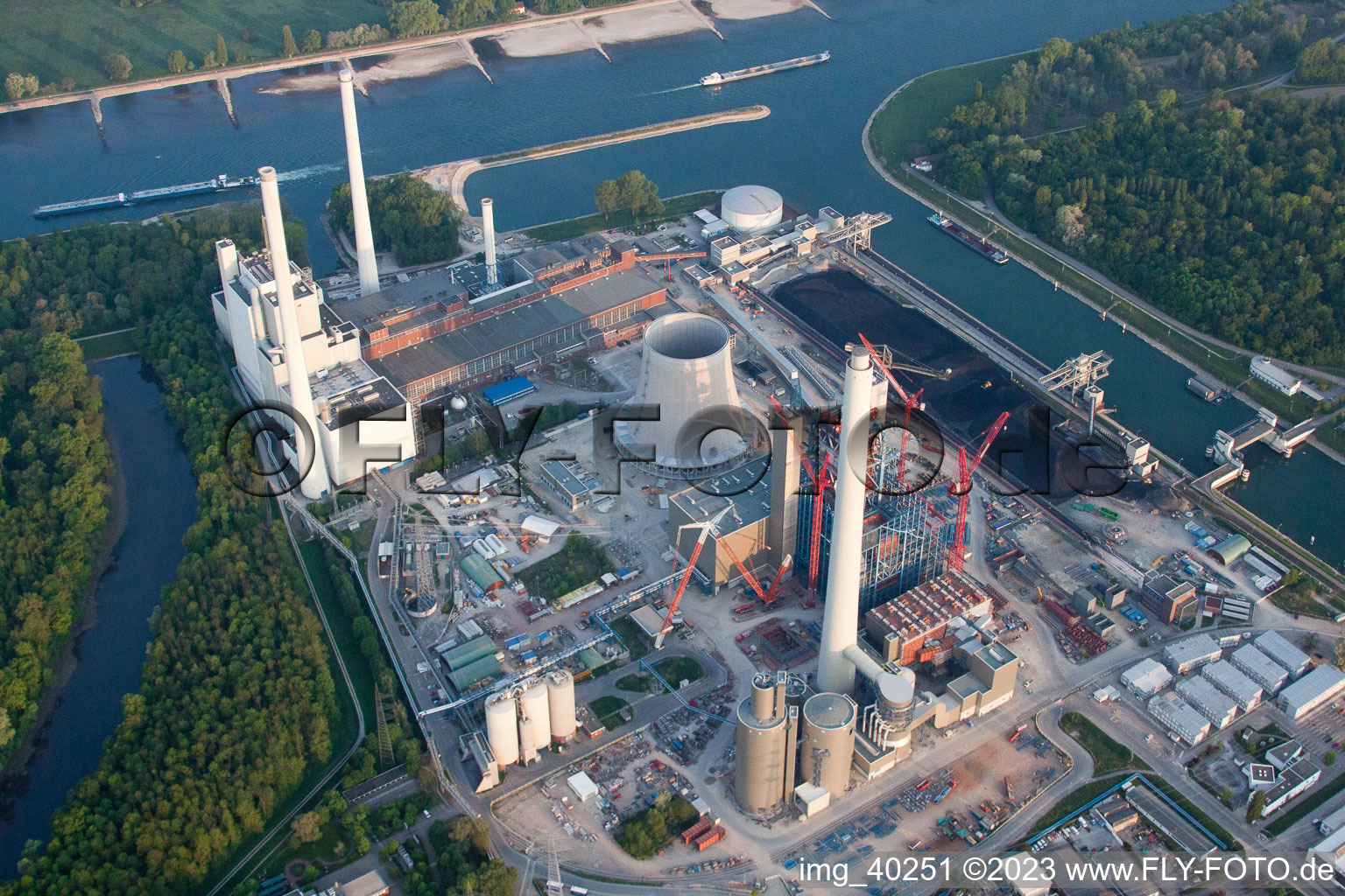 Aerial view of ENBW construction site in the district Rheinhafen in Karlsruhe in the state Baden-Wuerttemberg, Germany