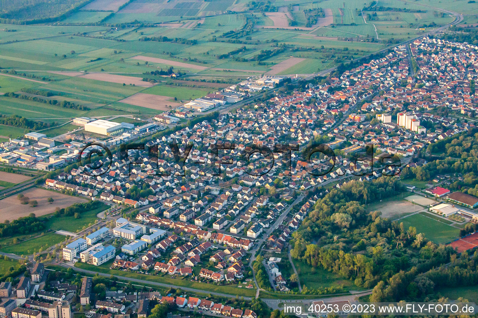 Aerial view of District Mörsch in Rheinstetten in the state Baden-Wuerttemberg, Germany