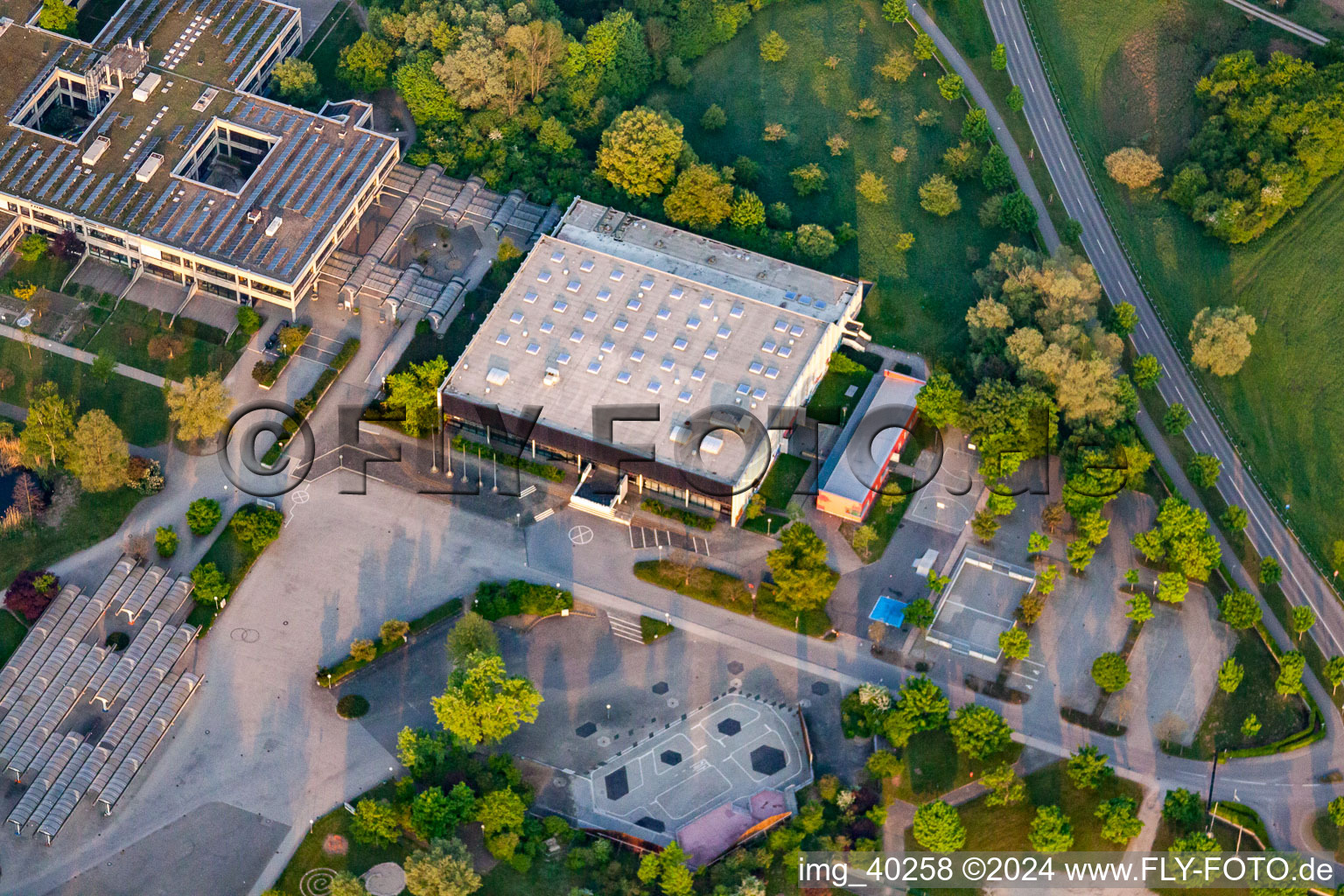 Aerial view of Celtic Hall in the district Mörsch in Rheinstetten in the state Baden-Wuerttemberg, Germany