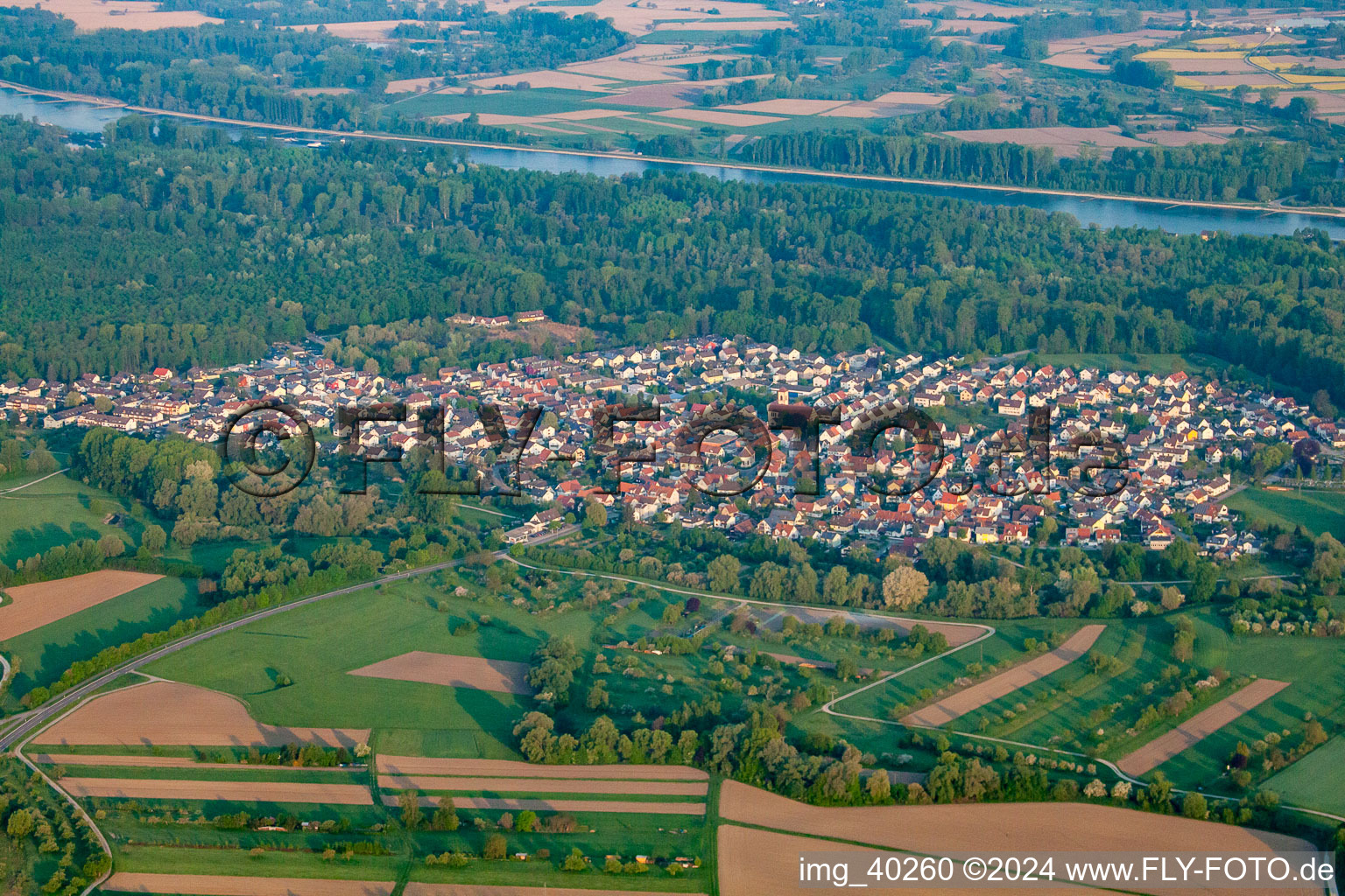 Oblique view of From the east in the district Neuburgweier in Rheinstetten in the state Baden-Wuerttemberg, Germany