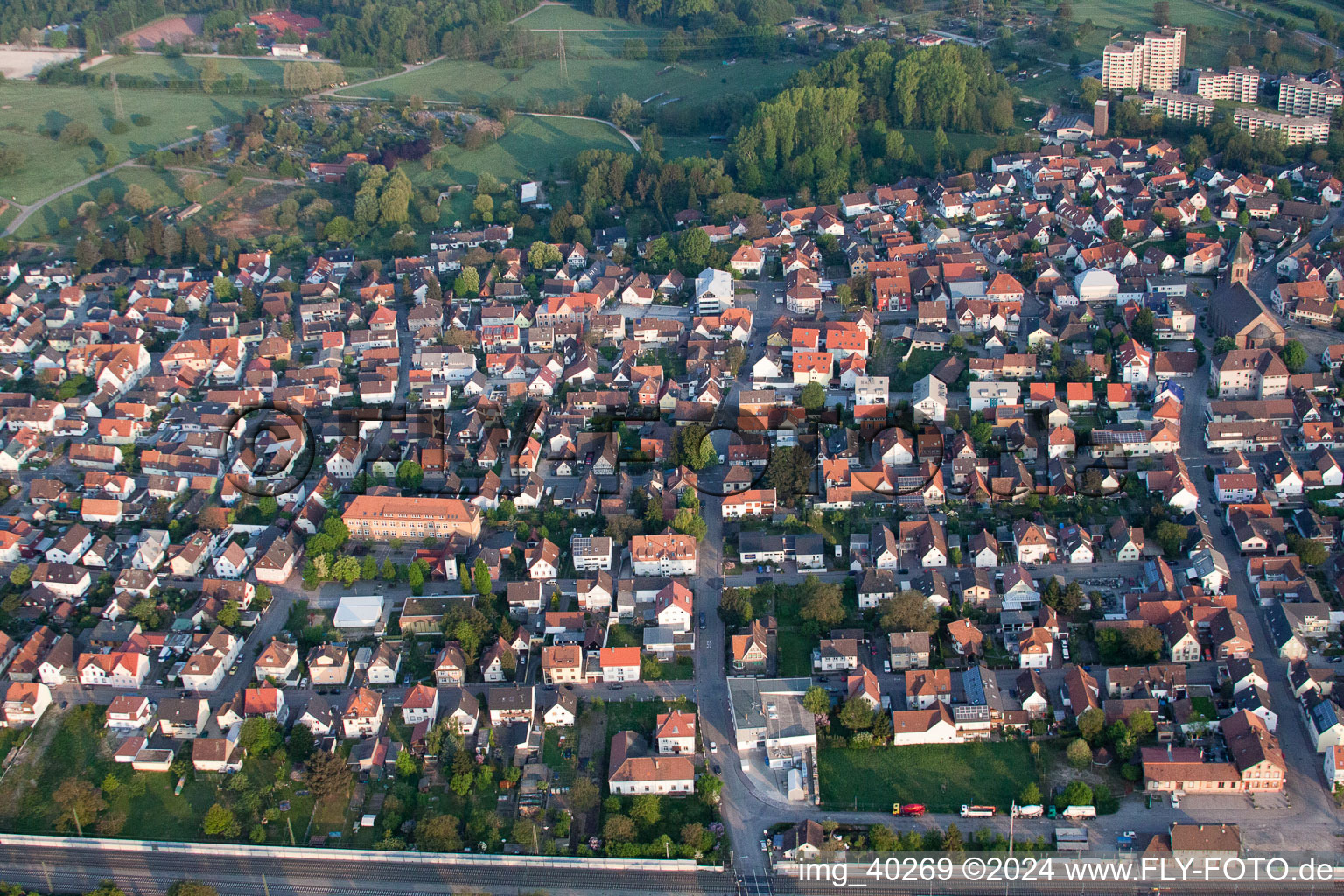 Above Bahnhofstrasse from the east in Durmersheim in the state Baden-Wuerttemberg, Germany