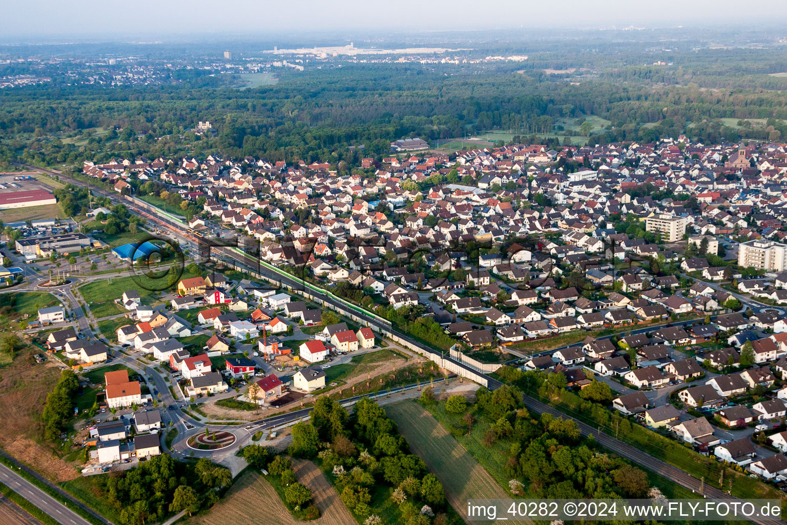 Oblique view of Town View of the streets and houses of the residential areas in Oetigheim in the state Baden-Wurttemberg, Germany