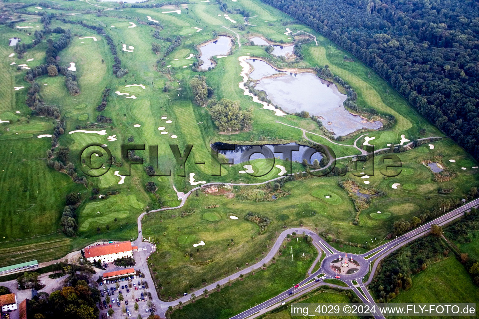 Aerial photograpy of Grounds of the Golf course at Golfanlage Landgut Dreihof in Essingen in the state Rhineland-Palatinate