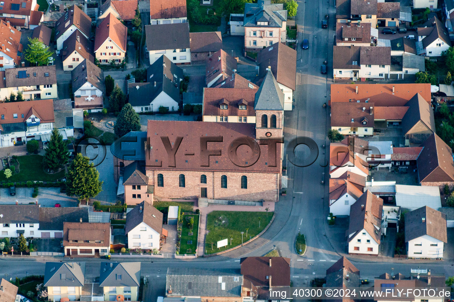 Aerial view of Church building in Oetigheim in the state Baden-Wurttemberg, Germany