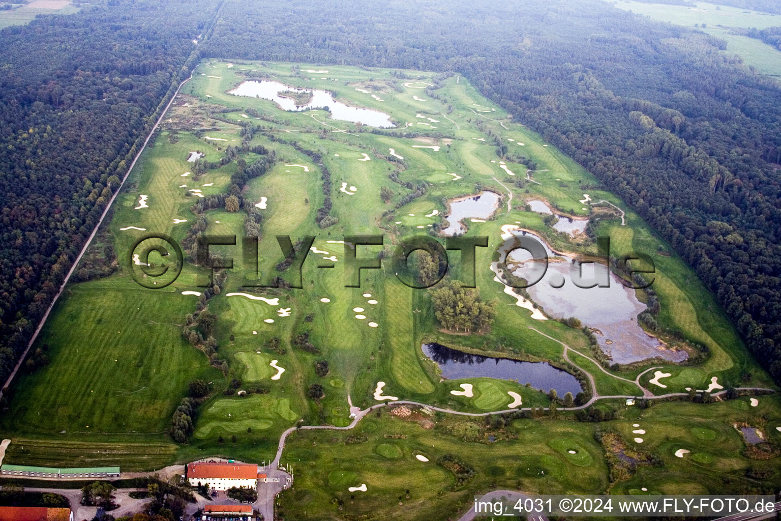 Grounds of the Golf course at Golfanlage Landgut Dreihof in Essingen in the state Rhineland-Palatinate from above