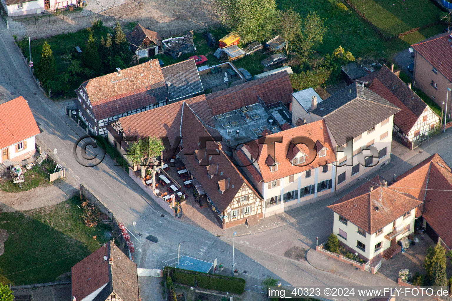 Aerial view of Restaurant Rose in Munchhausen in the state Bas-Rhin, France