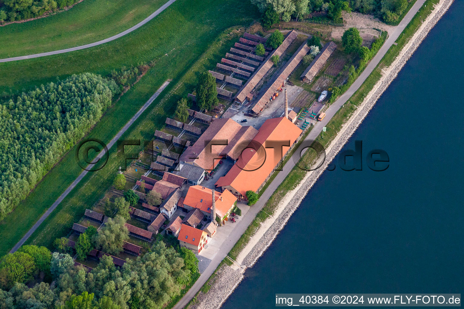 Aerial view of Museum building ensemble Ziegeleimuseum Sondernheim in Germersheim in the state Rhineland-Palatinate, Germany
