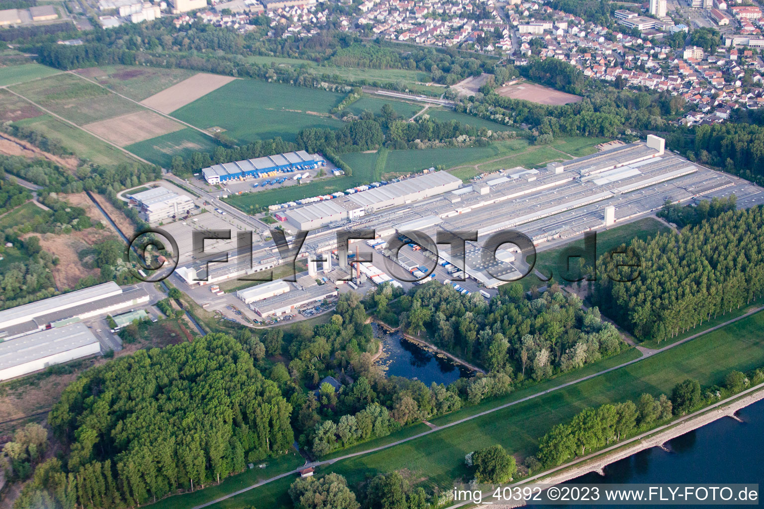 Nolde industrial area in Germersheim in the state Rhineland-Palatinate, Germany seen from above