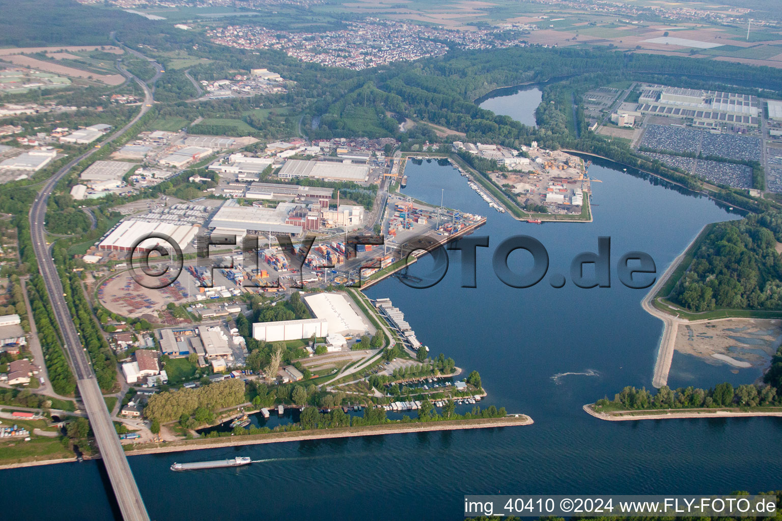 Aerial view of Rhine port in Germersheim in the state Rhineland-Palatinate, Germany