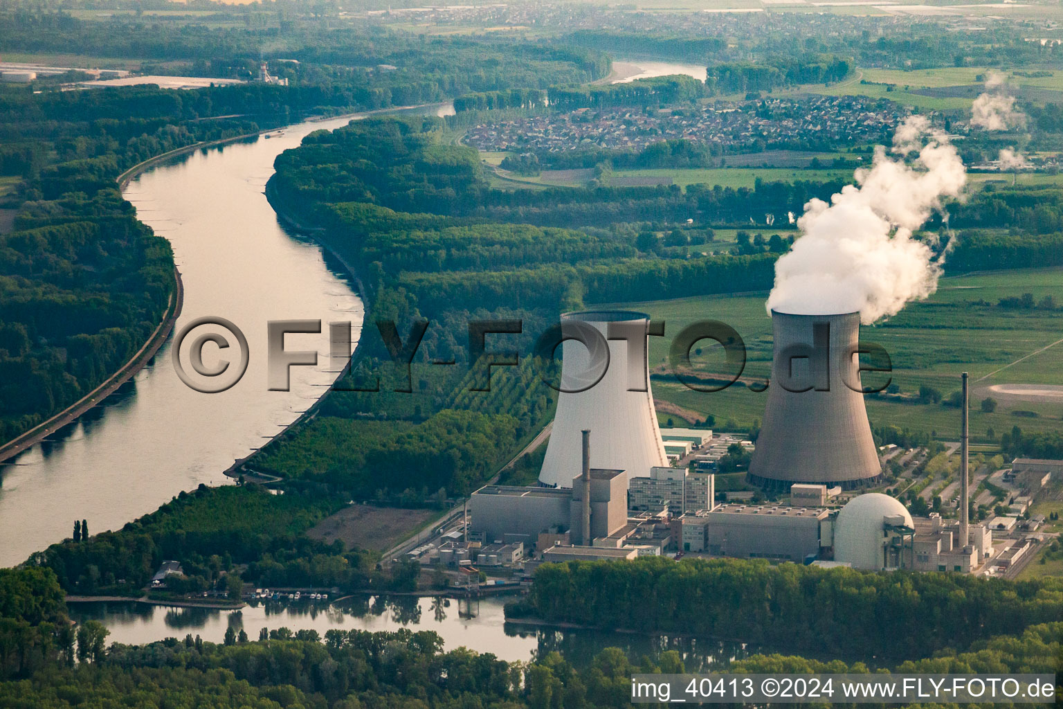 Aerial view of Nuclear power plant in Philippsburg in the state Baden-Wuerttemberg, Germany