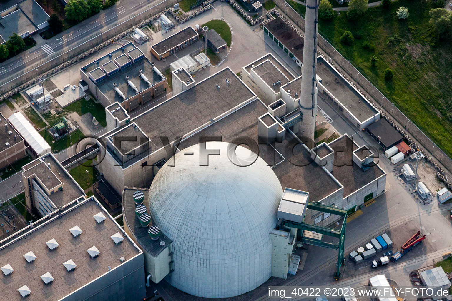 Aerial view of Building remains of the reactor units and facilities of the NPP nuclear power plant of EnBW Kernkraft GmbH on Rheinschanzinsel in Philippsburg in the state Baden-Wurttemberg, Germany