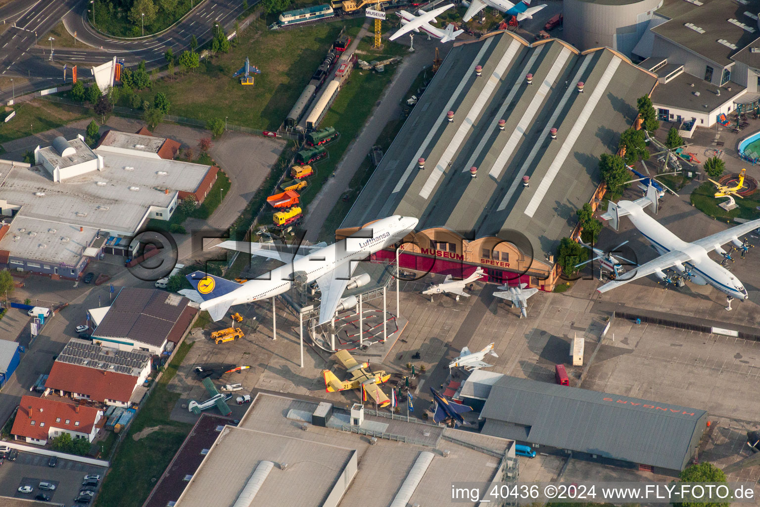 Outdoor exhibition of airplanes and ships in the Technical Museum Speyer in Speyer in the state Rhineland-Palatinate, Germany from above