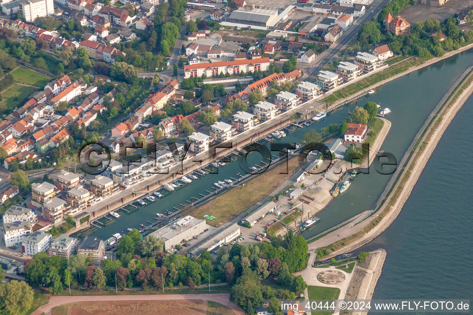 Aerial photograpy of Residential buildings in the development area on the river Rhine quayside of the former port Hafenstrasse in Speyer in the state Rhineland-Palatinate, Germany