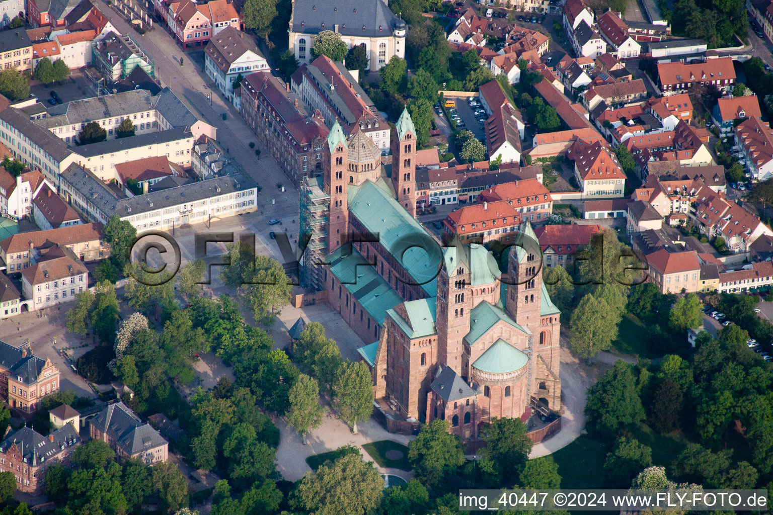 Aerial photograpy of Church building of the cathedral in the old town in Speyer in the state Rhineland-Palatinate