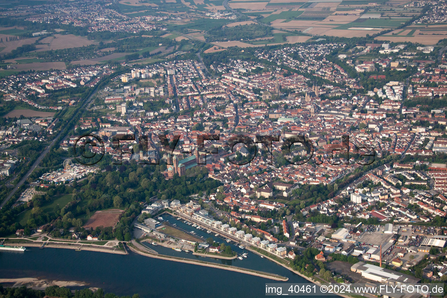 Aerial view of Town on the banks of the river of the Rhine river in Speyer in the state Rhineland-Palatinate, Germany