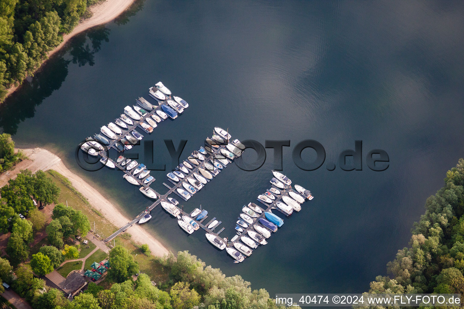 Pleasure boat marina with docks and moorings on the shore area Angelhofer Altrhein in Otterstadt in the state Rhineland-Palatinate