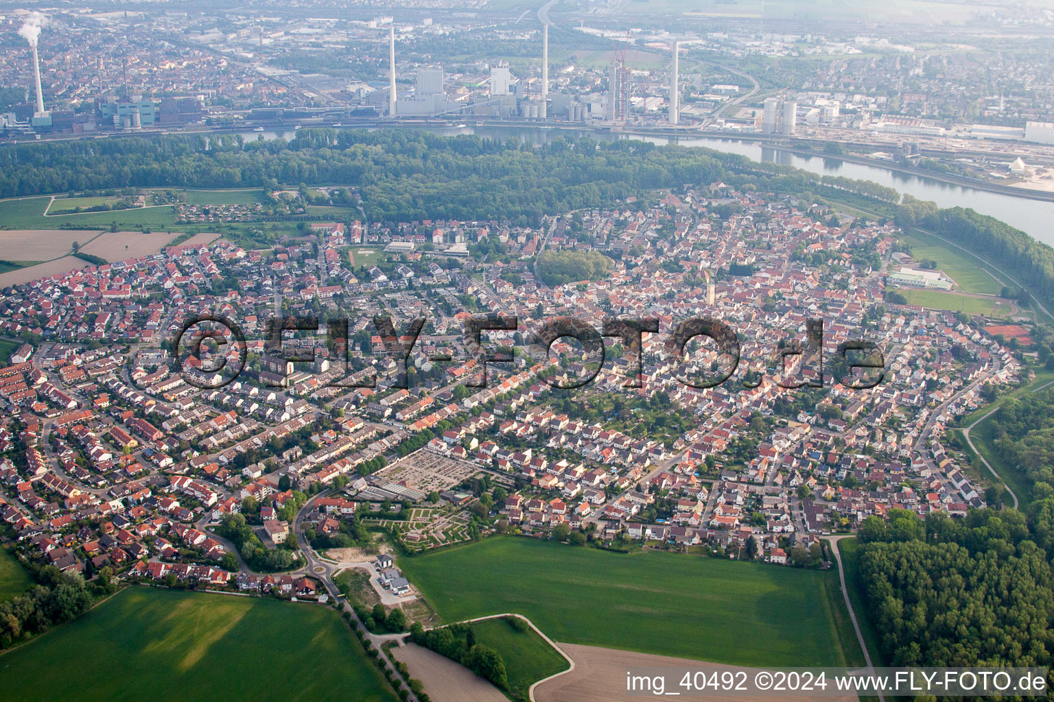 Town View of the streets and houses of the residential areas in Altrip in the state Rhineland-Palatinate out of the air