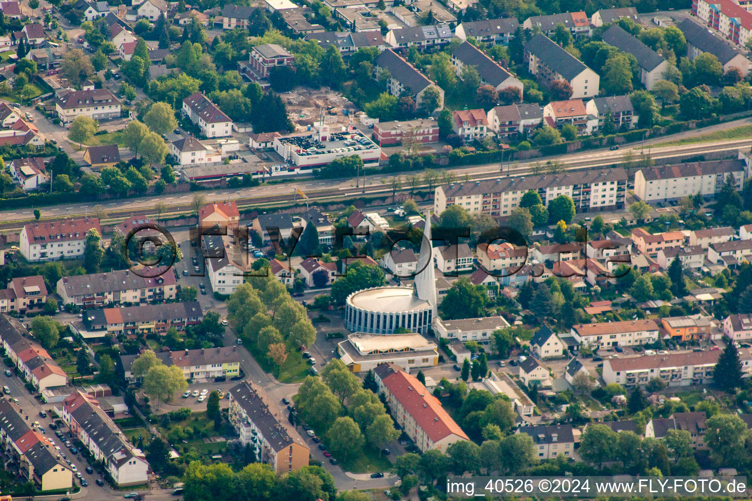 Aerial view of St. Conrad in the district Rheinau in Mannheim in the state Baden-Wuerttemberg, Germany