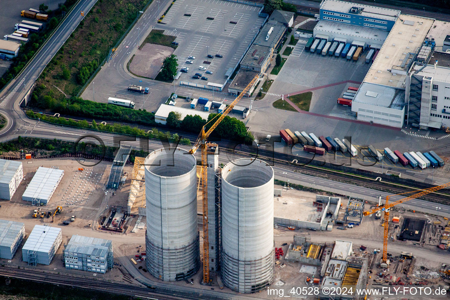 Construction site of power plants and exhaust towers of thermal power station GKM Block 6 in the district Neckarau in Mannheim in the state Baden-Wurttemberg, Germany from above